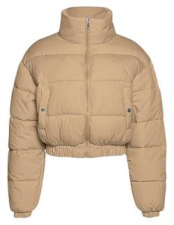 COZYPOIN Damen Kurze Daunenjacke Leichte Langarm Reißverschluss Stehkragen Taschen Gesteppter Puffer Mantel, Hellkhaki, XS von COZYPOIN