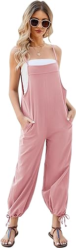 COZYPOIN Frauen Casual Overalls Ärmellos Lose Baumwolle Leinen Jumpsuits Sommer Wide Leg Hose mit Taschen, Pink, Medium von COZYPOIN