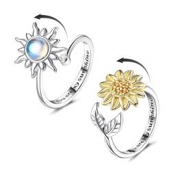 CPSYTE 2 Stück Silber Ringe für Damen Sonnenblume Fidget Ring Mondstein Spinner Ringe Achtsamkeitsring Verstellbare Offene Anti Stress Ring für Damen - Sonne/Sonnenblume von CPSYTE