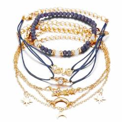 CPSYTE Set aus 6 handgefertigten mehrschichtigen Armbändern in Stern- und Kristallmondform im Boho-Stil für Frauen und Mädchen – dunkelblau/gold von CPSYTE