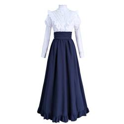 CR ROLECOS Damen Mittelalter Kleid Viktorianisches Kleid Renaissance Kleid für Frauen 1800er Klassiker 2-teiliger Renaissance-Kleid Kostüm Navy Blu L von CR ROLECOS