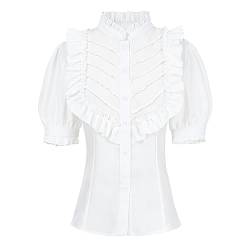 CR ROLECOS Damen Steampunk Renaissance Gothic Kurzarm Bluse Stehkragen Neck Tops Weiß M von CR ROLECOS