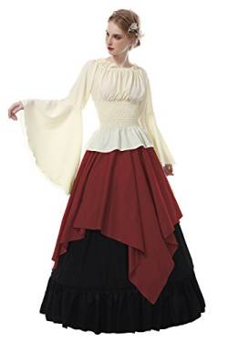 CR ROLECOS Renaissance Kostüm Frauen Mittelalterliches Bauernkleid Trompetenärmel Viktorianisch Ren Faire Hemd und Rock Rot M von CR ROLECOS