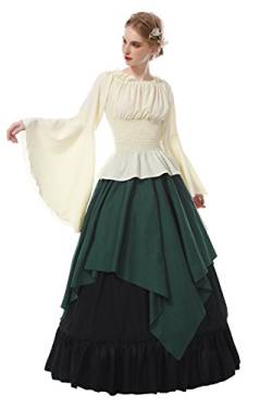 CR ROLECOS Renaissance Kostüm Frauen Mittelalterliches Bauernkleid Trompetenärmel Viktorianisch Ren Faire Shirt und Rock Grün M von CR ROLECOS