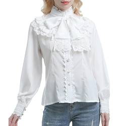 CR ROLECOS Viktorianische Bluse Steam Punk Damen Bluse mit Spitzenbordüre,Stehkragen Langärmelig Weiß XXL von CR ROLECOS