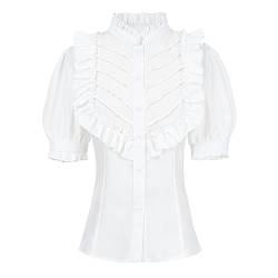 Damen Viktorianische Bluse Kurzarm Shirt Stehkragen Geraffte Steampunk Bluse Weiß L von CR ROLECOS