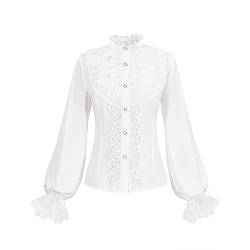 Viktorianische Bluse Damen Shirt Stehkragen Geraffte Steampunk Bluse mit Spitzenbordüre Weiß L von CR ROLECOS