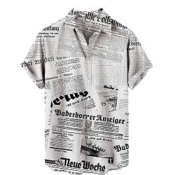 Herrenhemd Zeitungsdruck Kurzarmhemden Mode Retro 3D Buchstabe gedrucktes T-Shirt Sommer Regular Button Lässige Strandbluse Streetwear Top von CRAFTYVILLA