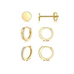 Creolen Gold Ohrringe Damen, Vergoldet Klein Ohrstecker Flach (4mm) | 925 Silber Ohrringe Gold Zirkonia Creolen (10mm) für Damen Herren Mädchen von CRASLYMO