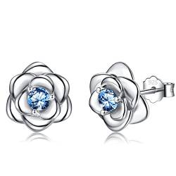 Klein Rose Ohrstecker Silber 925 für Damen Mädchen, Silber Rose Ohrringe mit Blau Zirkonia Zierliche Knorpel Tragus Helix von CRASLYMO