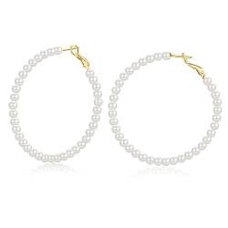 Perlenohrringe Creolen gold Ohrringe Perlen für Damen Frauen Mädchen Ohrringe Hochzeit Brautjungfe 50mm von CRASLYMO