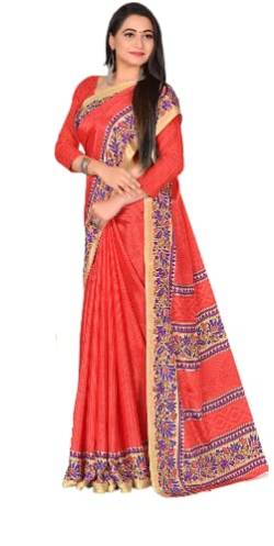 CRAZYBACHAT Truthahn-Seiden-Design bedruckte indische Saris für Frauen mit ungenähter Bluse. (6,30m)…, rot/blau, Full von CRAZYBACHAT