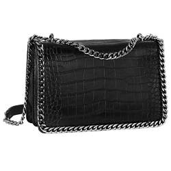 CRAZYCHIC - Damen Kette Umhängetasche - Kroko PU Leder Gesteppte Klappe Schultertasche - Steppmuster Abendtasche Pochette Kettentasche - Frauen Modische Handtasche Trendy Tasche - Schwarz Kroko von CRAZYCHIC