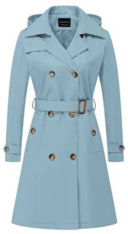 CREATMO US Damen Lang Trenchcoat Zweireihig Klassischer Revers Mantel Gürtel Slim Oberbekleidung Mantel mit Abnehmbarer Kapuze, Blau, XX-Large von CREATMO US