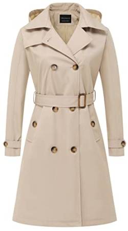 CREATMO US Damen Lang Trenchcoat Zweireihig Klassischer Revers Mantel Gürtel Slim Oberbekleidung Mantel mit Abnehmbarer Kapuze, Khaki, M von CREATMO US