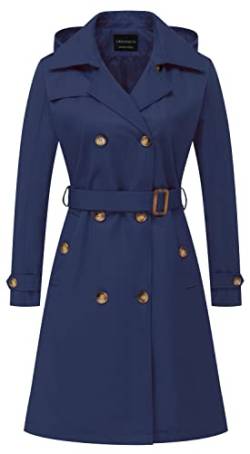 CREATMO US Damen Lang Trenchcoat Zweireihig Klassischer Revers Mantel Gürtel Slim Oberbekleidung Mantel mit Abnehmbarer Kapuze, Marineblau, S von CREATMO US