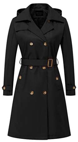 CREATMO US Damen Lang Trenchcoat Zweireihig Klassischer Revers Mantel Gürtel Slim Oberbekleidung Mantel mit Abnehmbarer Kapuze, Schwarz, S von CREATMO US