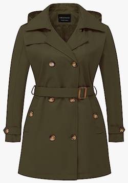 CREATMO US Damen Plus Size Trenchcoat Zweireiher Klassischer Revers Overcoat Gürtel Oberbekleidung Mantel mit Abnehmbarer Kapuze, Grün (Army Green), 1X von CREATMO US