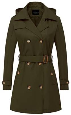 CREATMO US Damen Trenchcoat Zweireiher Klassischer Revers Mantel Gürtel Slim Oberbekleidung Mantel mit Abnehmbarer Kapuze, Army Green, M von CREATMO US