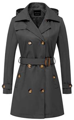 CREATMO US Damen Trenchcoat Zweireiher Klassischer Revers Mantel Gürtel Slim Oberbekleidung Mantel mit Abnehmbarer Kapuze, GRAU, XXL von CREATMO US