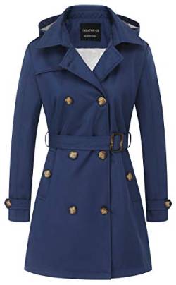 CREATMO US Damen Trenchcoat Zweireiher Klassischer Revers Mantel Gürtel Slim Oberbekleidung Mantel mit Abnehmbarer Kapuze, Marineblau, XS von CREATMO US