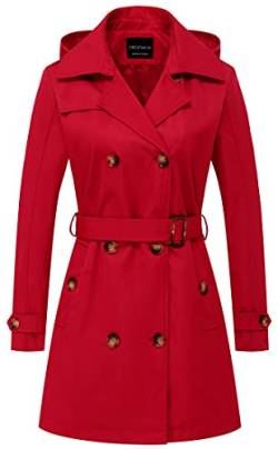 CREATMO US Damen Trenchcoat Zweireiher Klassischer Revers Mantel Gürtel Slim Oberbekleidung Mantel mit Abnehmbarer Kapuze, Rot/Ausflug, einfarbig (Getaway Solids), 3XL von CREATMO US