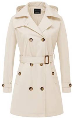 CREATMO US Damen Trenchcoat Zweireiher Klassischer Revers Mantel Gürtel Slim Oberbekleidung Mantel mit Abnehmbarer Kapuze, Weiß, L von CREATMO US