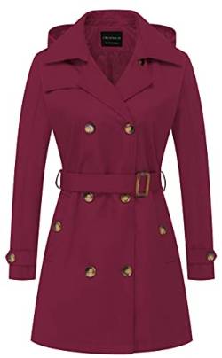 CREATMO US Damen Trenchcoat Zweireiher Klassischer Revers Mantel Gürtel Slim Oberbekleidung Mantel mit Abnehmbarer Kapuze, weinrot, L von CREATMO US