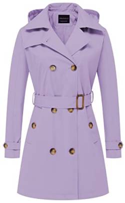 CREATMO US Damen Trenchcoat Zweireihiger klassischer Revers Overcoat Gürtel Slim Oberbekleidung Mantel mit abnehmbarer Kapuze, Helles Violett, X-Large von CREATMO US