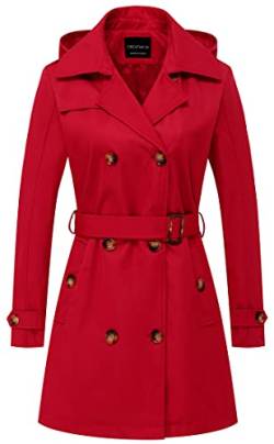 CREATMO US Damen Trenchcoat Zweireihiger klassischer Revers Overcoat Gürtel Slim Oberbekleidung Mantel mit abnehmbarer Kapuze, Rot/Ausflug, einfarbig (Getaway Solids), M von CREATMO US