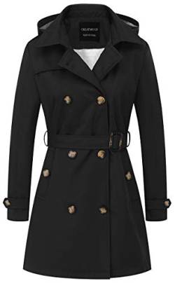 CREATMO US Damen Trenchcoat Zweireihiger klassischer Revers Overcoat Gürtel Slim Oberbekleidung Mantel mit abnehmbarer Kapuze, Schwarz, 3XL von CREATMO US