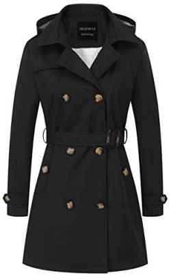 CREATMO US Damen Trenchcoat Zweireihiger klassischer Revers Overcoat Gürtel Slim Oberbekleidung Mantel mit abnehmbarer Kapuze, Schwarz, XS von CREATMO US