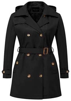 CREATMO US Damen Übergröße Wasserdichter Zweireihiger Trenchcoat mit Kapuze 1X-5X, Schwarz, 1X von CREATMO US