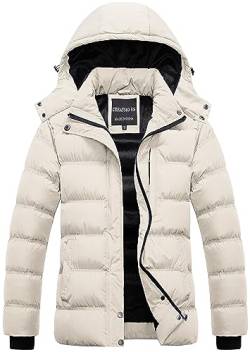 CREATMO US Warmer Wintermantel für Damen, wasserdichte Skijacke, gepolstert, Puffy Overcoat mit abnehmbarer Kapuze, Beige, Large von CREATMO US