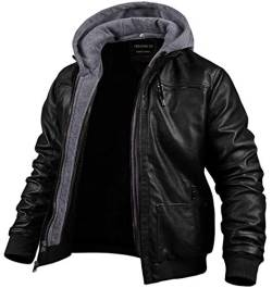 Herren Kunstlederjacke Motorradjacke Wasserdicht Winddicht PU Moto Oberbekleidung Vintage Bomber Hoodie mit Abnehmbarer Kapuze, Schwarz, S von CREATMO US