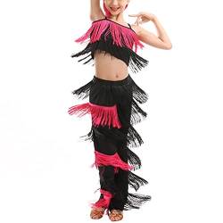 CRETUAO 2-teiliges Latein-Standardtanz-Kostüm-Set für Mädchen, Quaste, Camisole, Fransenhose, modernes Salsa-Wettkampf-Performance-Kleid,Black Rose red,XL von CRETUAO