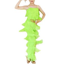 CRETUAO 2-teiliges Latein-Standardtanz-Kostüm-Set für Mädchen, Quaste, Camisole, Fransenhose, modernes Salsa-Wettkampf-Performance-Kleid,Fluorescent Green,XL von CRETUAO