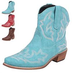 CRETUAO Cowboy Stiefel für Damen, Klassische, mittelgroße, bestickte Western Cowgirl Stiefel, Spitze Zehen, klobige Stiefeletten,Blau,39 EU von CRETUAO
