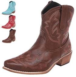 CRETUAO Cowboy Stiefel für Damen, Klassische, mittelgroße, bestickte Western Cowgirl Stiefel, Spitze Zehen, klobige Stiefeletten,Braun,39 EU von CRETUAO