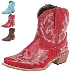 CRETUAO Cowboy Stiefel für Damen, Klassische, mittelgroße, bestickte Western Cowgirl Stiefel, Spitze Zehen, klobige Stiefeletten,Rot,37.5 EU von CRETUAO