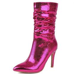 CRETUAO Damen-Stiefel mit Stiletto-Absatz aus Paillettenstoff, modische Metallic-Stiefeletten mit spitzem Zehenbereich, sexy Party-Hochzeitskleid-Stiefeletten,Rose red,41 EU von CRETUAO