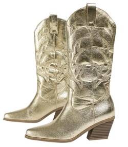 CRETUAO Damen Stiefel mit glänzendem modischem Mittelschlauch,Vintage-gestickter spitzer Zehenbereich niedriger Slip-on Western Cowboystiefel,metallischer klobiger Absatz breite Waden,Gold,35 EU von CRETUAO