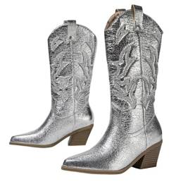 CRETUAO Damen Stiefel mit glänzendem modischem Mittelschlauch,Vintage-gestickter spitzer Zehenbereich niedriger Slip-on Western Cowboystiefel,metallischer klobiger Absatz breite Waden,Silber,39 EU von CRETUAO