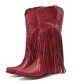 CRETUAO Damen-Western-Cowboy-Stiefel mit mittlerer Wade und Fransen, modische Reitstiefel mit spitzem dickem Absatz breiter Wade, bestickte Bequeme Cowgirl-Stiefel zum Anziehen,Wine red,38 EU von CRETUAO