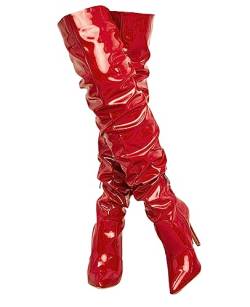 CRETUAO Overknee-Stiefel Damen mit hohem Absatz,sexy spitzer Zehenbereich Stretch-Stiletto-Stiefel mit hohem Absatz,modischer Langer Stiefel mit Spiegel-Reißverschluss aus Lackleder,Rot,40 EU von CRETUAO