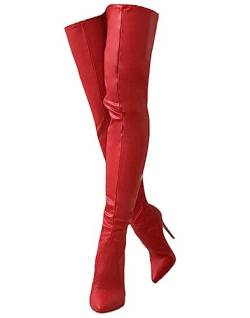 CRETUAO Overknee-Stiefel mit hohem Absatz Damen,sexy spitzer Zehenbereich Stiletto Reißverschluss hinten Langer Stiefel,modische Stretch Übergröße Oberschenkel-hoher Absatz,Rot,39 EU von CRETUAO