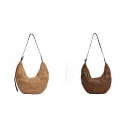 CRGANGZY Damen-Halbmondtasche aus Stroh, gewebt, Sommer-Strandtasche for Outdoor-Reisen (Khaki) von CRGANGZY