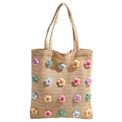 CRGANGZY Süße Blumen-Stroh-Strandtasche, große handgewebte Sommer-Handtasche, lässige Tragetasche, Urlaubs-Reise-Handtasche für Frauen und Mädchen (Khaki) von CRGANGZY