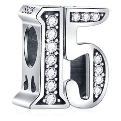 15 Geburtstag Charms passt Pandora Jahrestag Armband, 925 Sterling Silber Zahl 15 Jahre alte Birthday Perlen mit CZ Geburtssteinen, Geschenke für Mädchen/Jungen/Frauen von CRISNATA