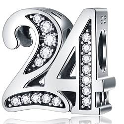 24 Geburtstag Charms passt Pandora Hochzeit Jahrestag Armband, 925 Sterling Silber Zahl 24 Jahre alte Birthday Perlen mit CZ Geburtssteinen, Geschenke für Schwester/Valentinstag von CRISNATA